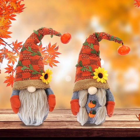 Gnome en Peluche d'Automne Action de Grâce Décoration Tournesol Citrouille Tricot Feutre Poupée sans Visage Tomte Suédois pour Décor de Table Maison