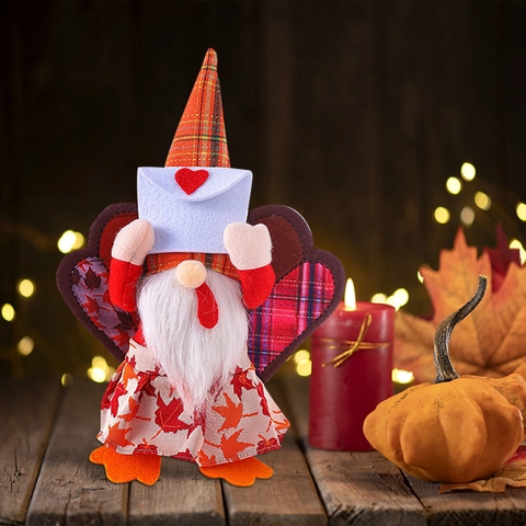 Gnomo di Tacchino del Ringraziamento Peluche Decorazione da Tavolo Raccolto Autunnale Foglia d'Acero Cappello a Quadri Gnomo per Festa a Casa