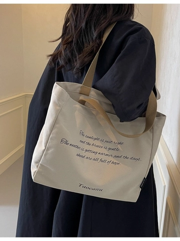Damen Große Kapazität Canvas Einkaufstasche Minimalistisch Buchstaben Druck Reißverschluss Schultertasche Für Schule Pendeln