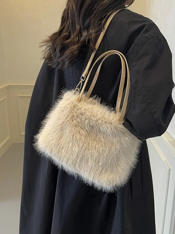 Women Faux Fur Crossbody Bag Soft Plush Solid Color Small Square Handbag With Adjustable Strap For Ladies Fashion Accessory