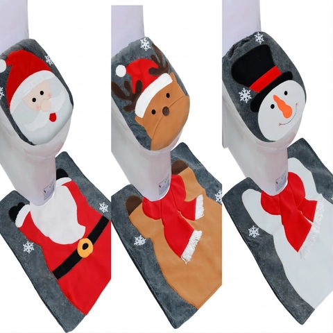 Funda para Asiento de Inodoro y Alfombra de Baño de Navidad de Poliéster con Patrón de Dibujos Animados de Papá Noel Muñeco de Nieve Reno Decoración