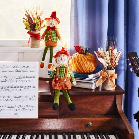 Thanksgiving Scarecrow Figurine Harvest Festival Sitting Doll Autumn Home Decor Fabric Raffia Ornament For Party Halloween