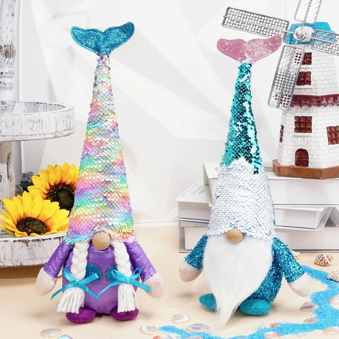 Summer Mermaid Sequin Gnome Doll Mermaid Tail Plush Handcrafted Coastal Ocean Themed Desktop Ornament Home Summer Party