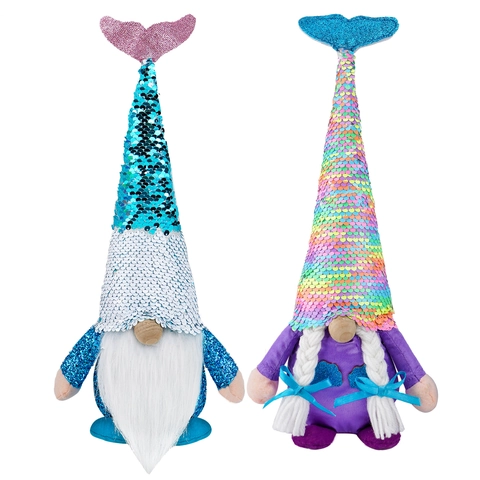 Summer Mermaid Sequin Gnome Doll Mermaid Tail Plush Handcrafted Coastal Ocean Themed Desktop Ornament Home Summer Party