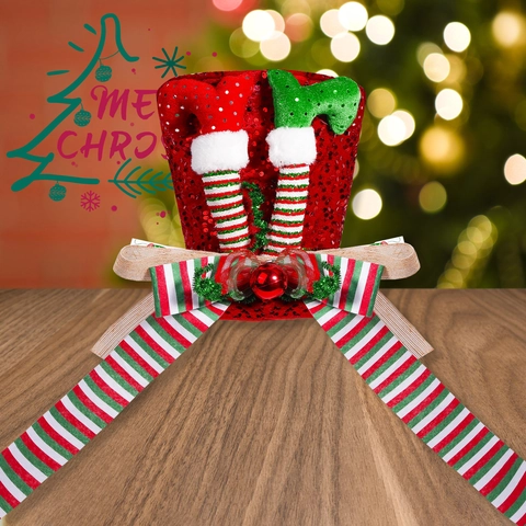 Kerstboompie Hoed Met Elf Benen Rode Pailletten Gestreepte Strik Decoratie Voor Feestdagen Huis Kerstboom Decor