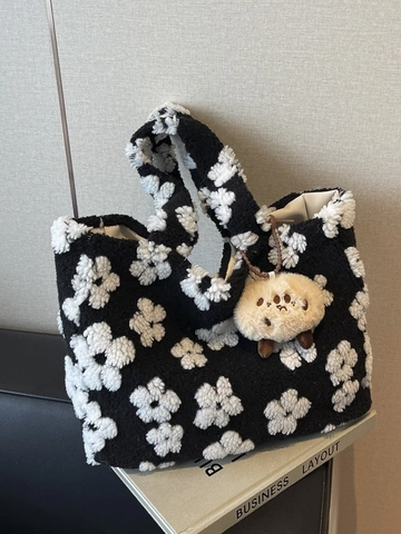 Grand Sac Cabas en Peluche Sherpa pour Femmes Motif Floral Mignon Sac à Main Épaule Avec Petit Ours Charme Quotidien