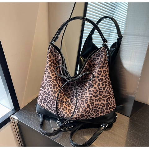 Mochila de Moda para Mujer con Estampado de Leopardo Gran Capacidad Bolso Tote de Cuero PU Multifuncional con Lazo Viaje