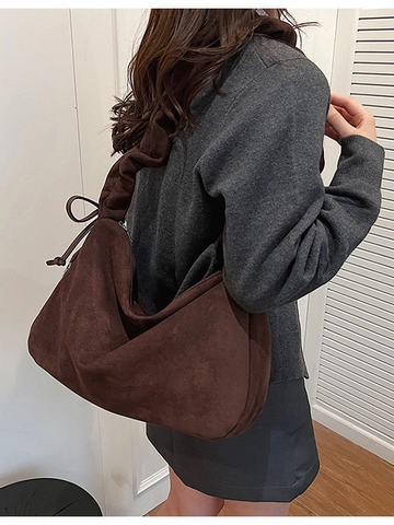 Damen Wildleder Schultertasche Mit Gerafftem Riemen Große Kapazität Hobo Tote Vintage Crossbody Bag Mit Schleife