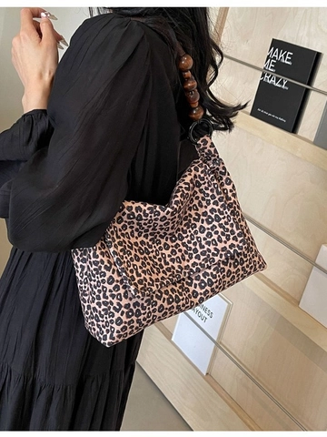 Schultertasche Mit Leopardenmuster Vintage Canvas Tote Bag Dekorative Holzperlengriff Große Kapazität Damen Handtasche