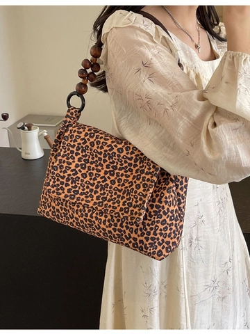 Schultertasche Mit Leopardenmuster Vintage Canvas Tote Bag Dekorative Holzperlengriff Große Kapazität Damen Handtasche