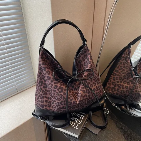 Mochila de Moda para Mujer con Estampado de Leopardo Gran Capacidad Bolso Tote de Cuero PU Multifuncional con Lazo Viaje