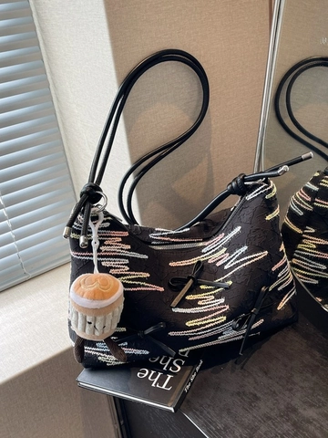 Stilvolle Damen Unterarm Schultertasche Stoff Farbig Bestickte Wellen Schleifenanhänger Plüsch Cupcake Täglich Lässig Pendeln Süße Hobo Tasche