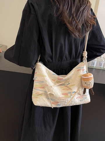 Stilvolle Damen Unterarm Schultertasche Stoff Farbig Bestickte Wellen Schleifenanhänger Plüsch Cupcake Täglich Lässig Pendeln Süße Hobo Tasche