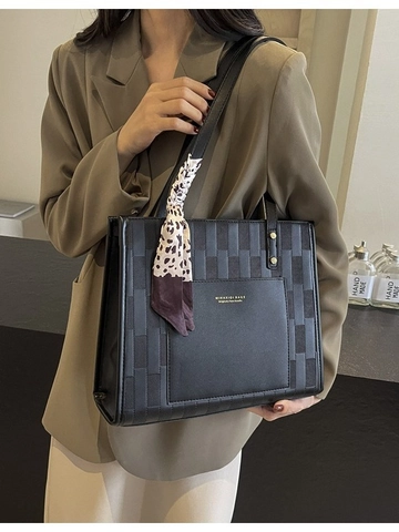 Bolso Tote de Mujer de Cuero PU de Gran Capacidad Color de Contraste Textura Geométrica Bolso de Hombro Con Bufanda Decorativa Moda Trabajo