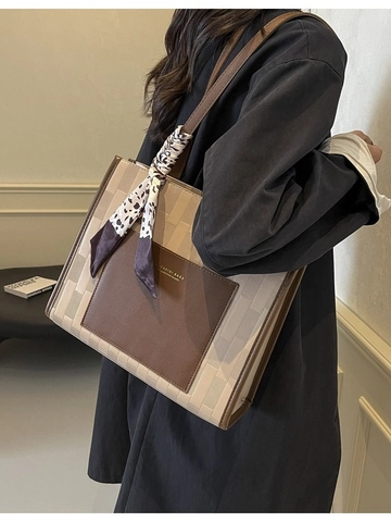Bolso Tote de Mujer de Cuero PU de Gran Capacidad Color de Contraste Textura Geométrica Bolso de Hombro Con Bufanda Decorativa Moda Trabajo