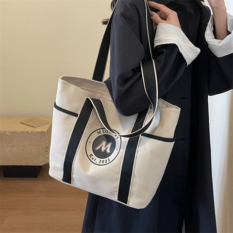 Women Large Capacity Canvas Tote Bag Casual Minimalist Shoulder Bag For Commute College Students School Midolay Logo Print Handbag