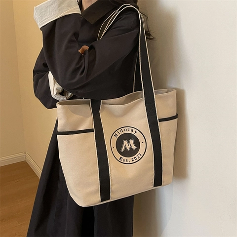 Women Large Capacity Canvas Tote Bag Casual Minimalist Shoulder Bag For Commute College Students School Midolay Logo Print Handbag