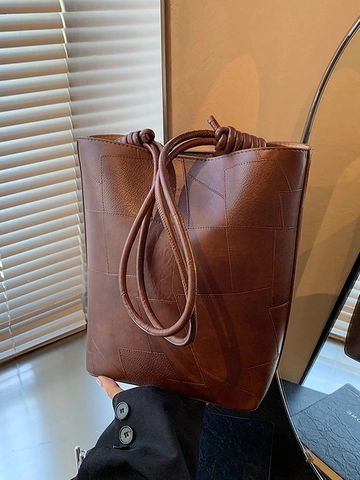 Women PU Leather Bucket Bag Geometric Patchwork Single Shoulder Bag Vintage Minimalist Knot Handle Commuter Tote Handbag
