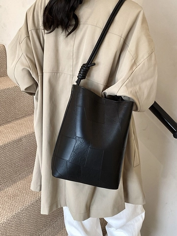 Women PU Leather Bucket Bag Geometric Patchwork Single Shoulder Bag Vintage Minimalist Knot Handle Commuter Tote Handbag