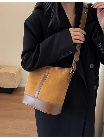 Borsa a Secchiello da Donna in Pelle PU Vintage con Giunture Grande Capacità Borsa a Tracolla con Cinghia Regolabile Borsa Pendolare