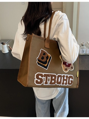 Borsa Tote in Tela da Donna di Grande Capacità Vintage Orso Lettera Applicata Borsa a Tracolla Casual Pendolarismo Scuola Borsa Chiusura a Cerniera