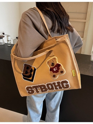 Borsa Tote in Tela da Donna di Grande Capacità Vintage Orso Lettera Applicata Borsa a Tracolla Casual Pendolarismo Scuola Borsa Chiusura a Cerniera