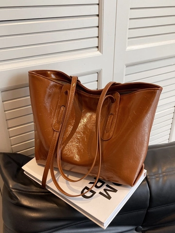 Women Large Capacity Tote Bag Glossy Faux Leather Wrinkled Texture Minimalist Shoulder Bag Solid Color Handbag For Commute