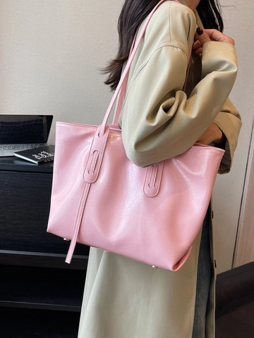 Women Large Capacity Tote Bag Glossy Faux Leather Wrinkled Texture Minimalist Shoulder Bag Solid Color Handbag For Commute