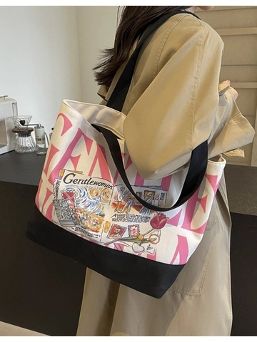 Borsa Tote in Tela Floreale Artistica Vintage Grande Capacità Illustrazione Lettere Stampa Borsa a Tracolla per Donna Studenti Università Lavoro Borsa Quotidiana