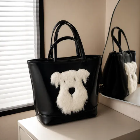 Women Korean Fashion Large Capacity PU Leather Tote Bag With White Plush Schnauzer Dog Patch Casual Shoulder Backpack For Daily School