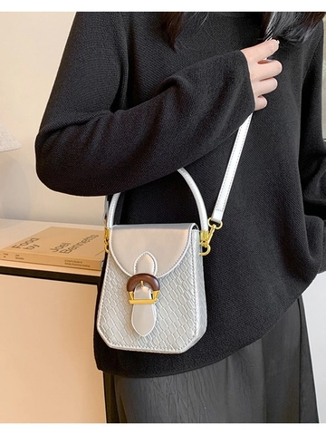 Women Vintage Woven PU Leather Mobile Phone Bag Small Square Crossbody Bag With Wood Grain Buckle Fashion Shoulder Handbag