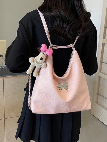 Sac à Épaule en Cuir PU Plissé pour Femme Papillon Métallique Sac Cabas Y2K Grande Capacité Sac Bandoulière Avec Pendentif Chien en Peluche