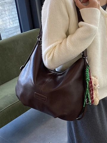 Large Capacity PU Leather Hobo Shoulder Bag For Women Fashion Stitching Tote Bag With Bear Pendant Commuting Handbag