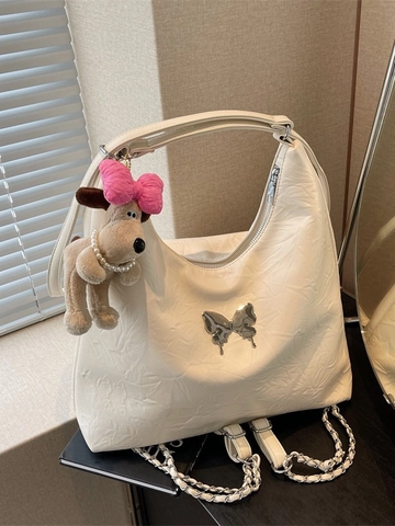 Sac à Épaule en Cuir PU Plissé pour Femme Papillon Métallique Sac Cabas Y2K Grande Capacité Sac Bandoulière Avec Pendentif Chien en Peluche