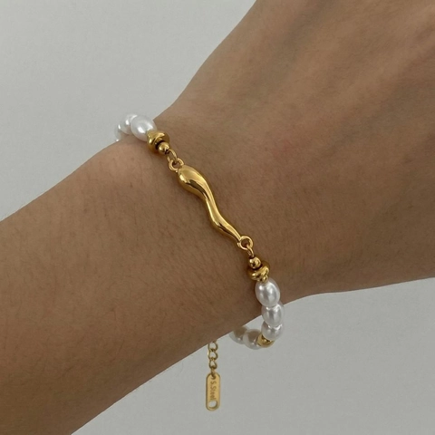 Artificial Baroque Pearl Beaded Bracelet 18K Gold Plated Stainless Steel Irregular Metal Elegant Luxury Jewelry For Women