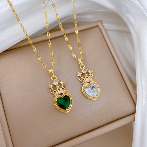 Crown Heart Pendant Necklace With Stainless Steel Chain And Copper Micro Paved Zircon For Women Luxury Jewelry