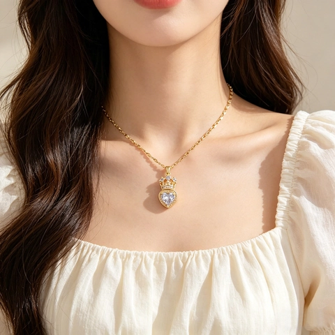 Crown Heart Pendant Necklace With Stainless Steel Chain And Copper Micro Paved Zircon For Women Luxury Jewelry