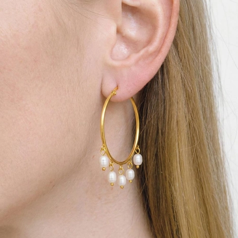 Large Hoop Earrings With Freshwater Pearls 304 Stainless Steel PVD Gold Plated Waterproof Hypoallergenic Retro For Women