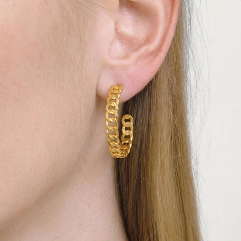 Chunky Cuban Chain Hoop Earrings 304 Stainless Steel Gold Plated Waterproof Hypoallergenic C Shape Hollow Jewelry For Women