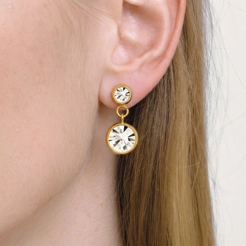 Double Round Crystal Drop Earrings 18K Gold Plated Stainless Steel Hypoallergenic Waterproof Chic Jewelry For Women