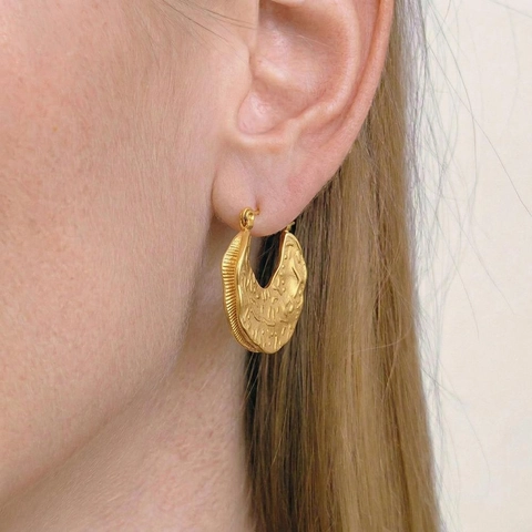 Hammered Texture Irregular Hoop Earrings Gold Plated Stainless Steel Geometric Leaf Organic Retro Ear Buckle For Women
