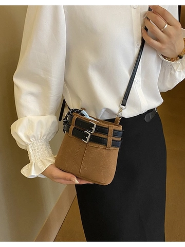 Borsa a Secchiello in Pelle PU Smerigliata Retrò da Donna Mini Borsa a Tracolla Con Coulisse e Doppie Fibbie Per Uso Quotidiano