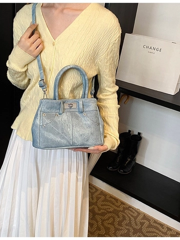 Borsa a Mano Donna in Pelle PU con Texture Denim Vintage Chiusura a Scatto Borchie Tracolla Rimovibile Borsa Quotidiana Casual