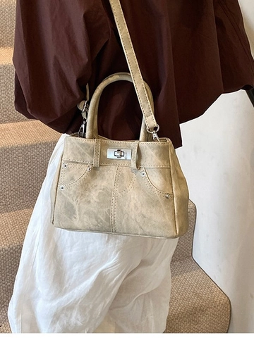 Borsa a Mano Donna in Pelle PU con Texture Denim Vintage Chiusura a Scatto Borchie Tracolla Rimovibile Borsa Quotidiana Casual