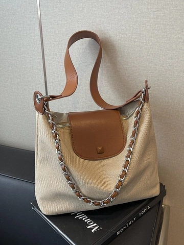 Borsa Tote in Tela ad Alta Capacità Con Bordi in Pelle Decorazione a Catena Argento Donna Casual Ufficio Borsa a Tracolla Retro Hobo
