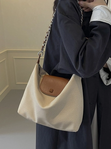 Borsa Tote in Tela ad Alta Capacità Con Bordi in Pelle Decorazione a Catena Argento Donna Casual Ufficio Borsa a Tracolla Retro Hobo