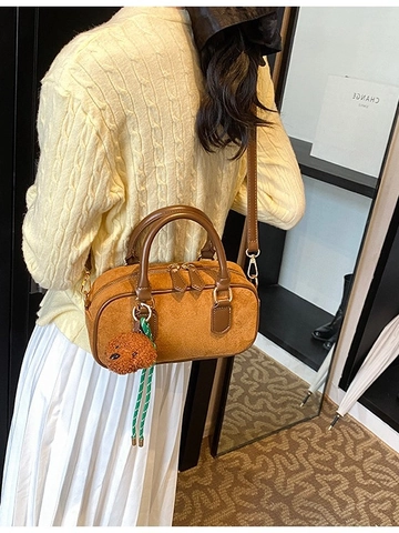 Women Vintage Frosted PU Leather Boston Bag Small Niche Crossbody Handbag With Bear Pendant For Daily Casual Retro Tote Bag