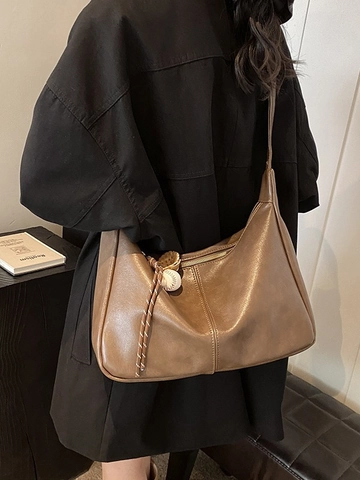 Damen Retro PU Leder Schultertasche Große Kapazität Hobo Tragetasche Mit Baseball Anhänger Lässige Pendler Achseltasche