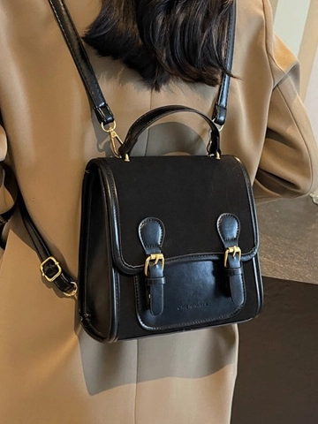 Zaino Vintage in Pelle PU e Scamosciato Patchwork Stile Accademia Doppia Fibbia Piccola Borsa Quadrata Donna Studente