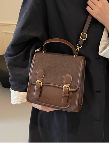 Zaino Vintage in Pelle PU e Scamosciato Patchwork Stile Accademia Doppia Fibbia Piccola Borsa Quadrata Donna Studente